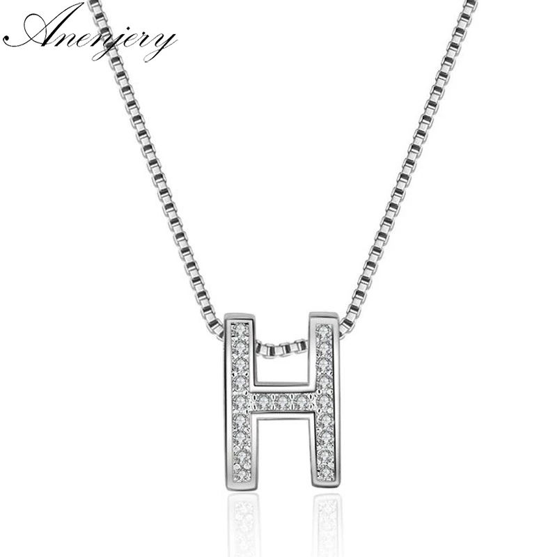 

Anenjery 925 Sterling Silver Necklace Mosaic CZ Zirconia letter H Shape Pendant Necklace For Women Gift Chain choker S-N174