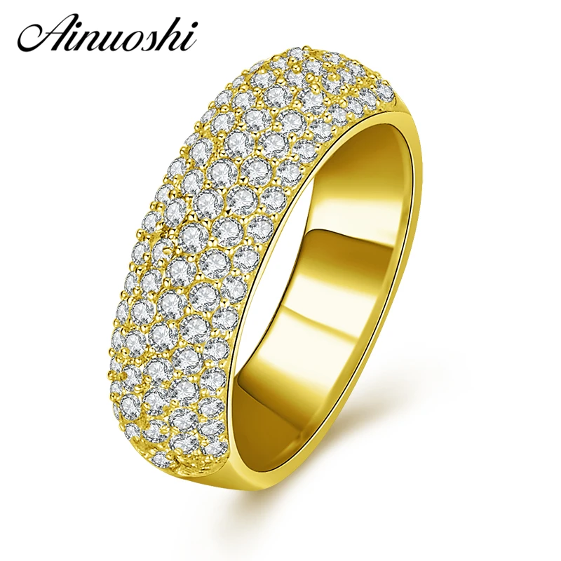 

AINUOSHI 10K Solid Yellow Gold Wide Band Ring 5 Rows Drill Shinning CZ Cluster Ring Luxury Bridal Bague Engagement Women Jewelry