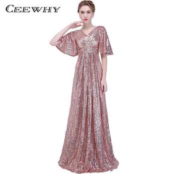 

CEEWHY Ruffles Half Sleeve Sequined Prom Dresses Formal Gown V-Neck Long Evening Dress Robe de Soiree Longue Abendkleider