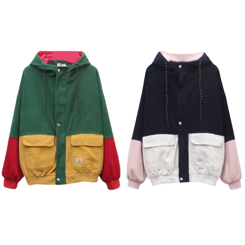 

Women Unisex Color Block Patchwork Corduroy Hooded Jacket Hip Hop Coat Oversized