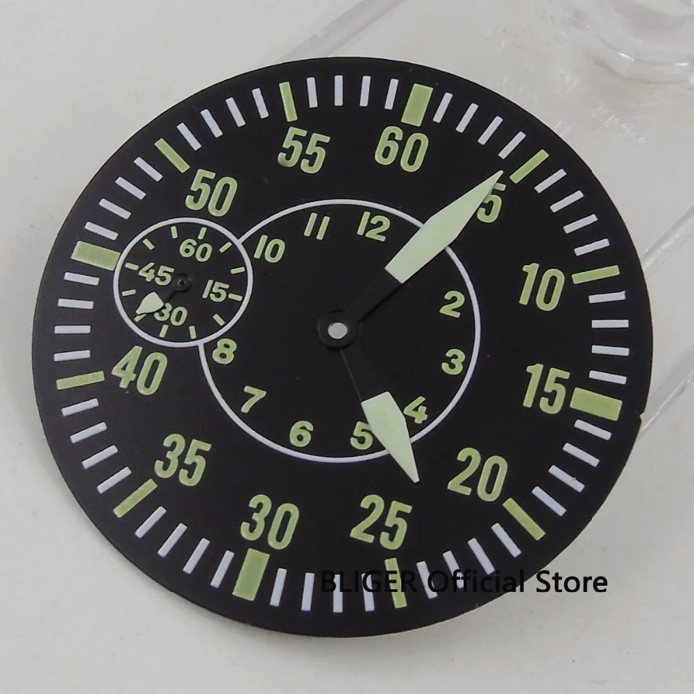 

Bliger 38.9MM Green numbers Sterile watch Dial + Watch Hands fit ETA 6497 ST 3600 movement watch case Black round dial