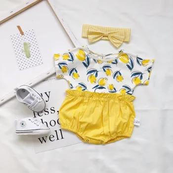 

new summer cute baby girls clothing set baby floral romper +headband drop-shoulder design boutique infant clothes