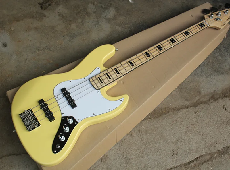 

4-String Yellow Electric Jazz Bass Guitar with Black Inlay and Chrome Hardware,White Pickguard,Offer Customized