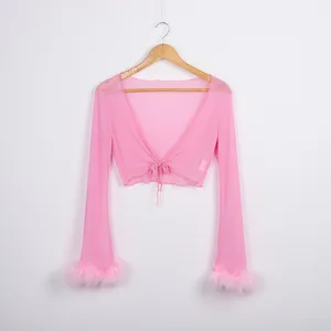 Tumblr Sexy See Through Pink Mesh Tracksuits Autumn Women Costume Two Piece Set Long Sleeve Fluffy Crop Top And Pants Streetwear