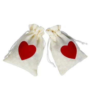 

50Pcs 10x15cm Linen Drawstring Pouch Bag Heart Printed Jute Pouch Christmas/Wedding Bags BB379