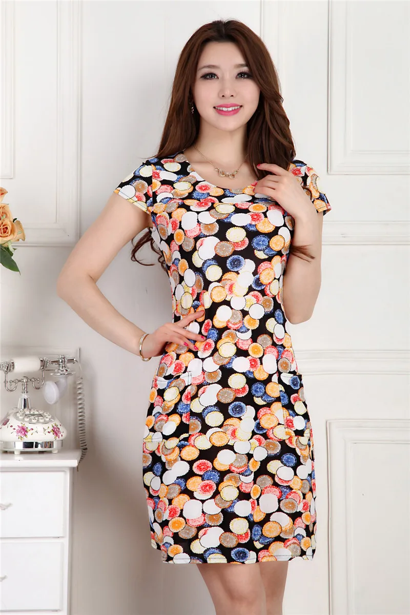 new arrival woman fashion 2015 dress large size mini floral print short sleeve pocket casual dresses