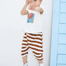 Mini balabala/детская одежда; комплекты из двух предметов; Новинка года; летний Повседневный хлопковый костюм в полоску; летние топы для мальчиков+ брюки