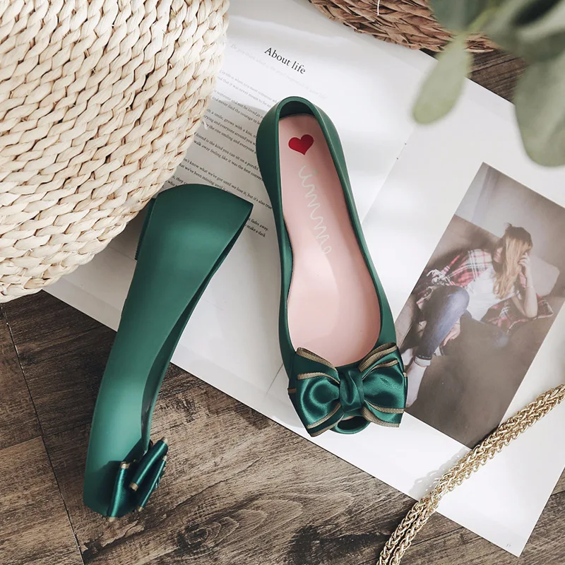 Dropshiping женская прозрачная обувь женские милые пластиковые туфли на плоской подошве с бантом женские пляжные туфли с открытым носком женские обувь для дождей - Цвет: green
