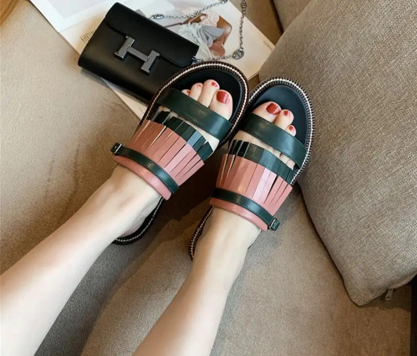 VIISENANTIN Lady Retro Slippers Flat Beach Tassel Slipper Color Match Open Toe Fringe Leather Slides Holidays Shoe
