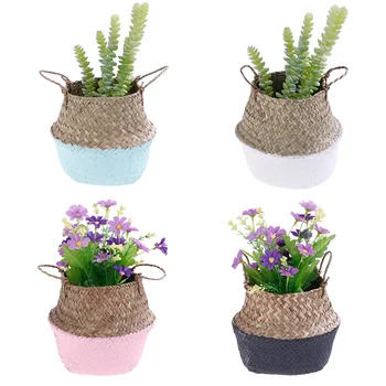 

Foldable Handmade Bamboo Storage Baskets Laundry Straw Patchwork Wicker Rattan Seagrass Belly Garden Flower Pot Planter Basket