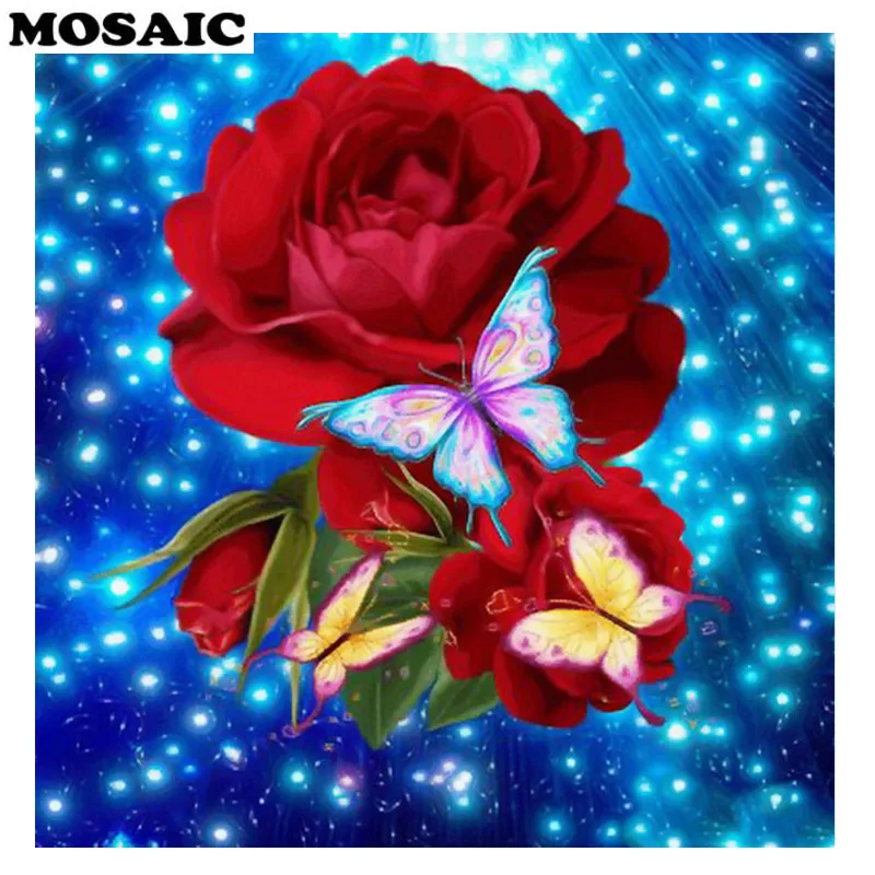 

DIY 5D Diamond Mosaic Red rose and butterfly 5D Full Diamond Painting Cross Stitch Kits square round Diamond Embroidery flower