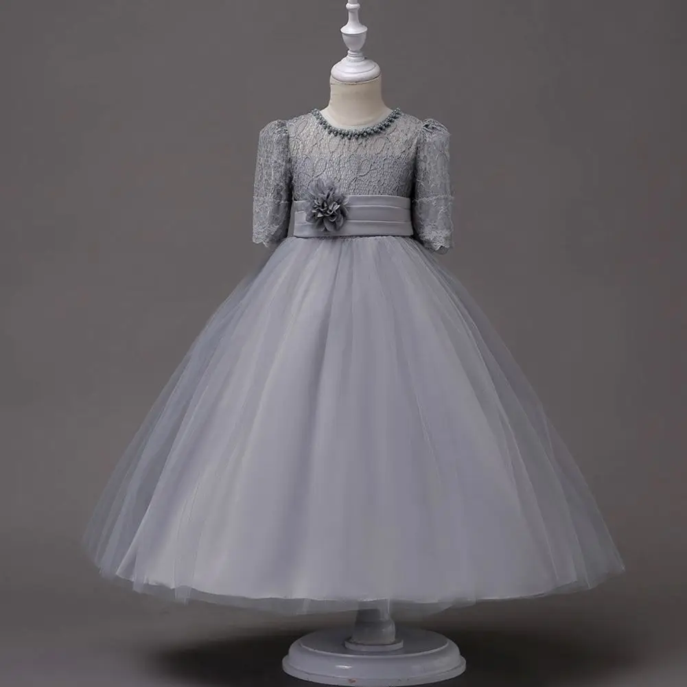 

New Princess Lace Dress Kids Flower Embroidery Dress For Girls Vintage Children Dresses For Wedding Party Formal Ball Gown 15T