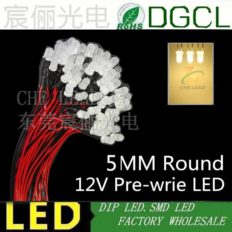 100 шт./лот теплый белый Предварительно проводной led DC12V/24 V кабель с индикатором