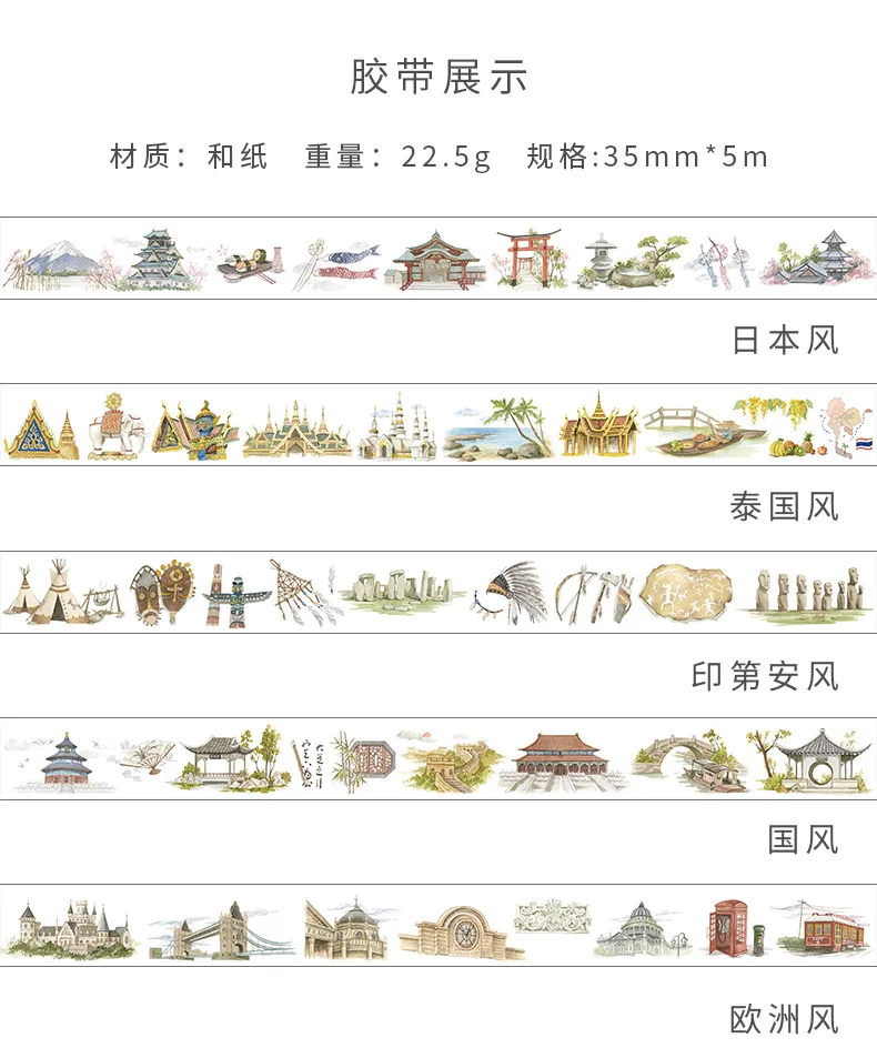 Васи бумажная лента в коробке пять царств серии китайский/японский/Таиланд/индийский/Европа творческий Diy украшения Sketchbook стикер