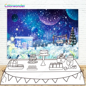 

Oil Painting Photpgraphy Background Colorful Planets with White Snow 7x5ft Houses with Green Tree Fairy Tale Backdrop for Kids