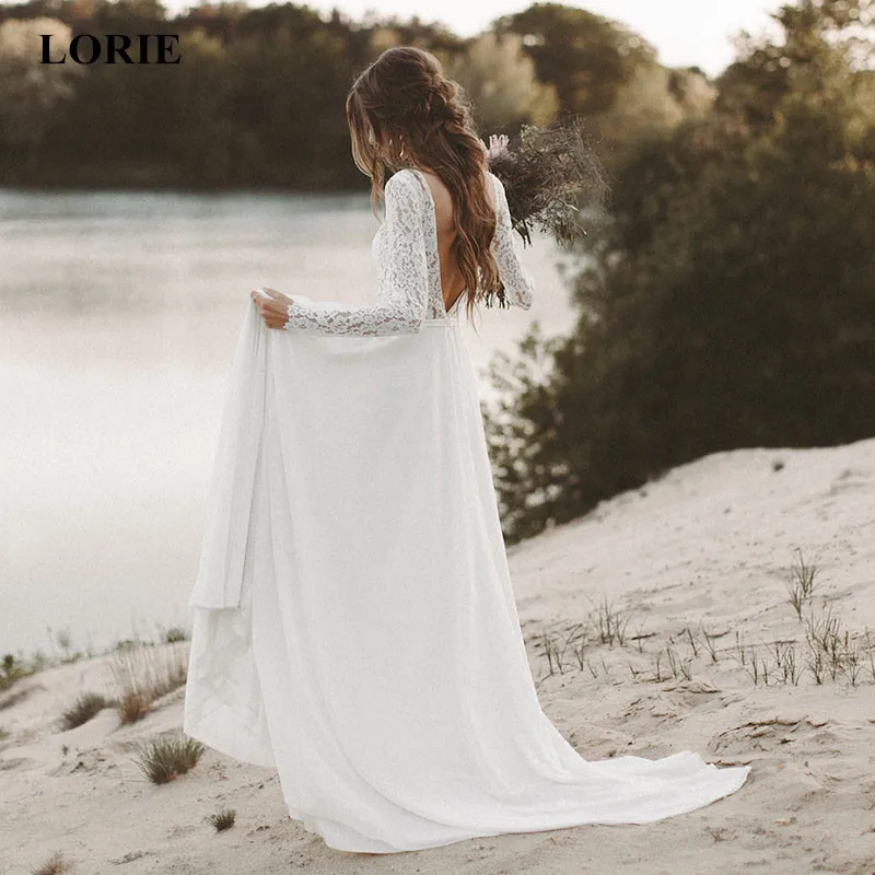 Платье для свадьбы LORIE, Пляжное, с длинным рукавом, в стиле бохо, с треугольным вырезом, с открытой спинкой, 2019, шифоновое, кружевное, свадебное платье из шифона, novia|Свадебные платья| | АлиЭкспресс