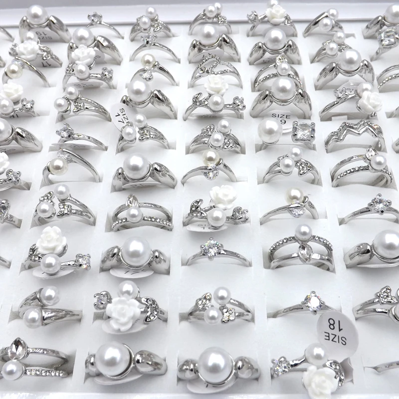 Смешанный дизайн прозрачный циркон проложили кольца для девочек серебряный цвет смешанные размеры 50 шт./лот