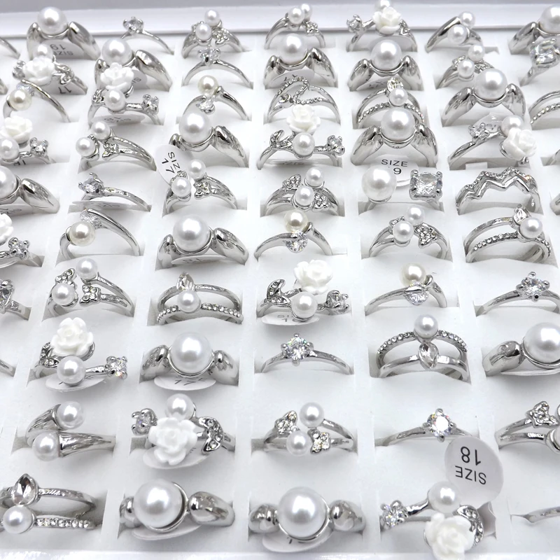 

Mixed Design Clear Zircon Paved Rings For Girls Silver Color Mixed Size 50pcs/lot Wholesale