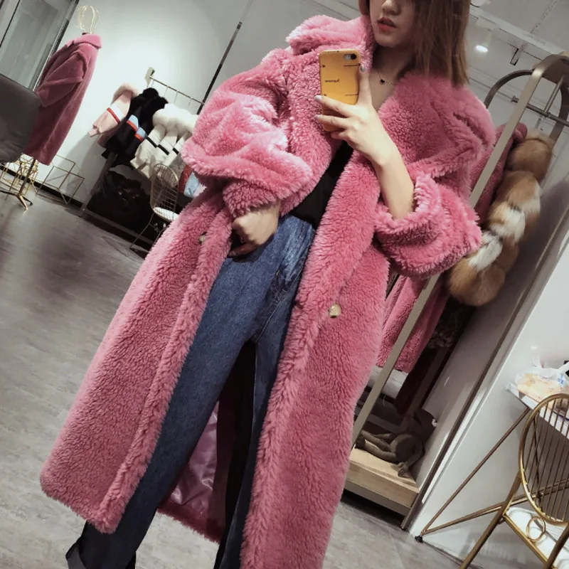 

Star M home teddy bear with pink fur coat with thick warm long wool coat female winter new