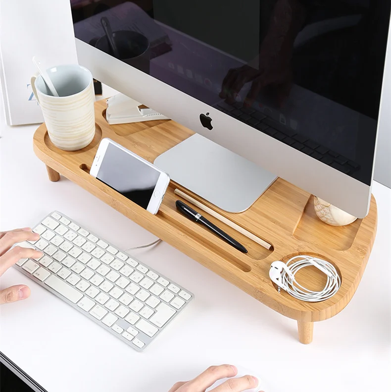 

Bamboo LCD Monitor Heighten Holder Desktop Space Saving Bamboo Lapdesk Storage Base for Mobile Phone/Keyboard/Cups/Potted Plant