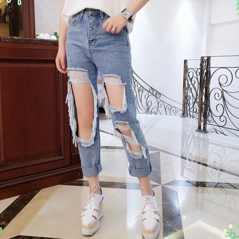 WITHZZ New Arrival 5XL Ripped Jeans Women's Loose Thin Jeans Women Pants Breeches Overalls Vintage Female Torn Trousers WITHZZ New Arrival 5XL Ripped Jeans Women's Loose Thin Jeans Women Pants Breeches Overalls Vintage Female Torn Trousers