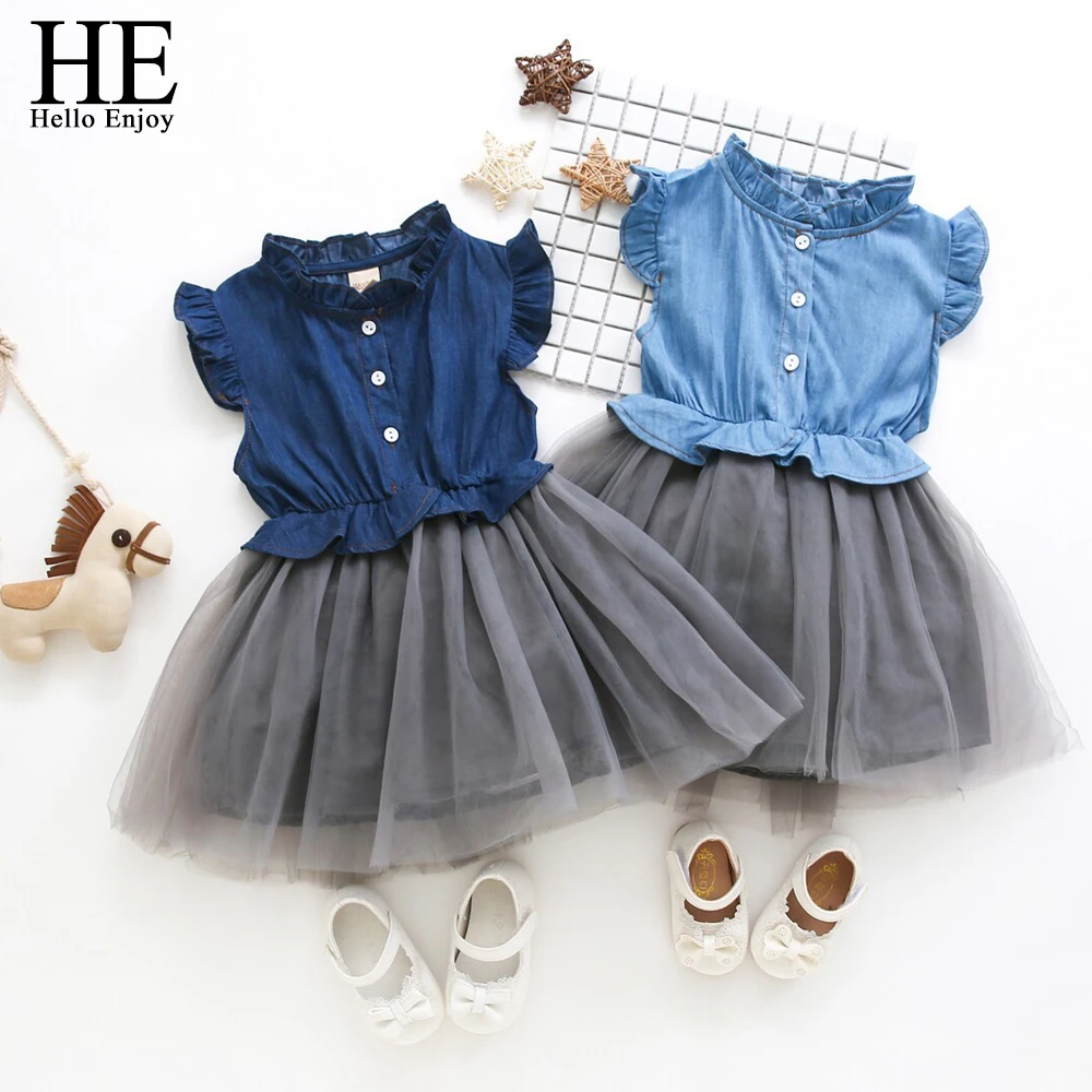 HE Hello Enjoy/летние платья для девочек; коллекция года; Детские платья на свадьбу для девочек; платье принцессы без рукавов из джинсовой сетки; элегантное детское платье