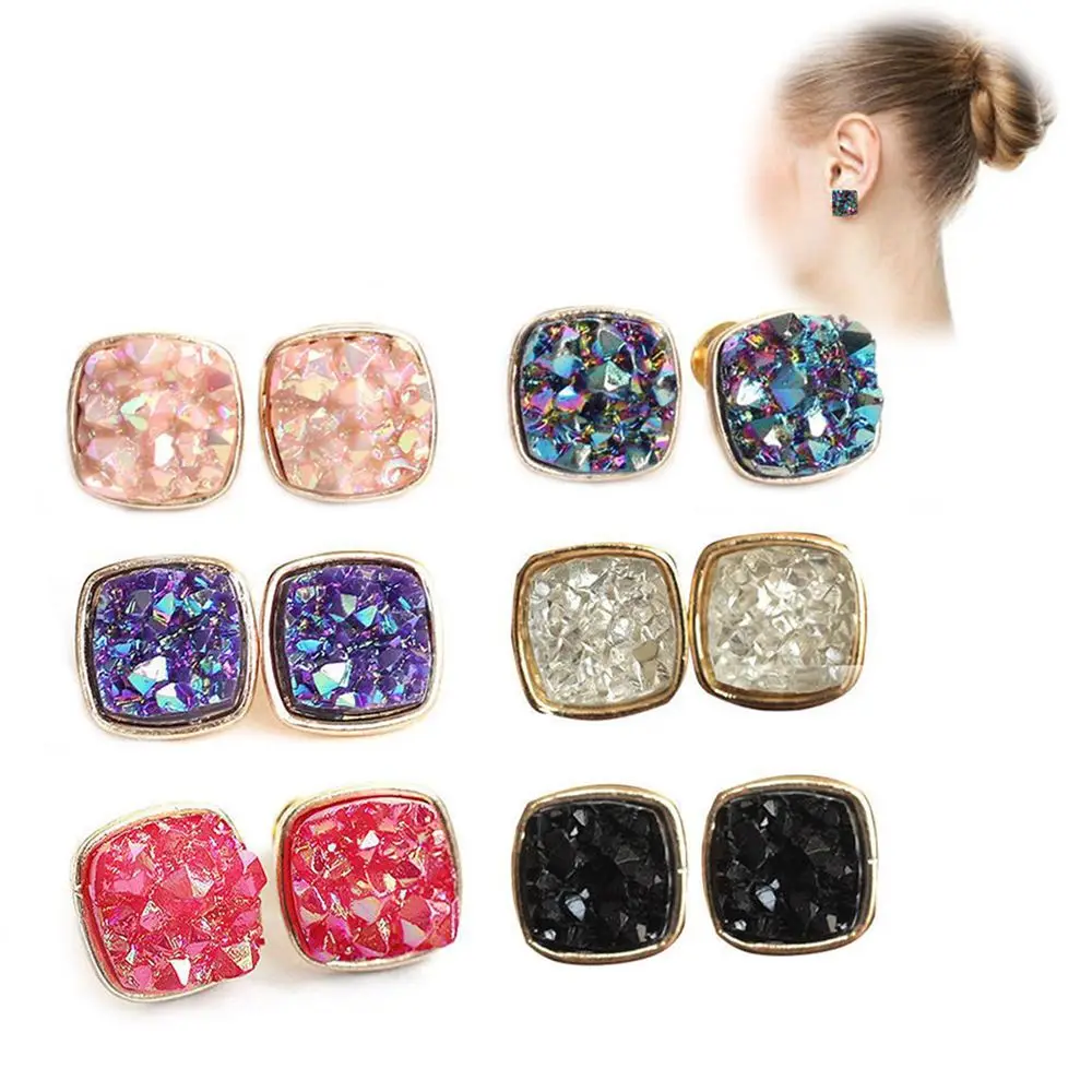 1pair Women's Quartz Crystal Druzy Stud Earrings Square Natural Rock
