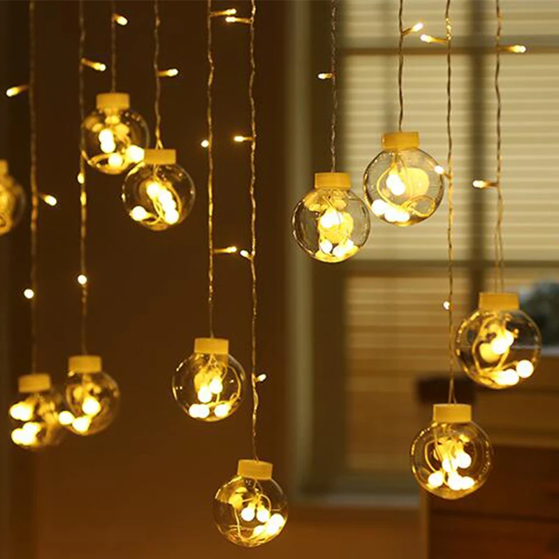 Curtain String Globe Lights Clear LED Window Room Hanging String Light Festival Indoor Window Curtain Decoration LED Lights