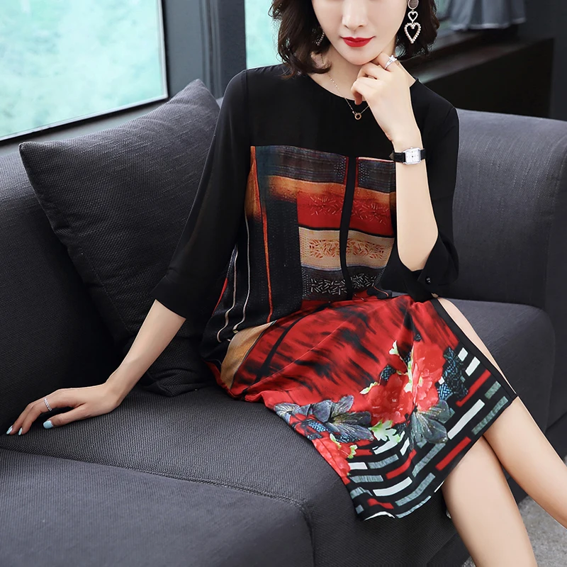 

Imitate Real Silk Dress Plus Size New 2019 Summer Women Dress Loose Half Sleeved Print A-line Dresses Beach Casual Clothes M-4XL