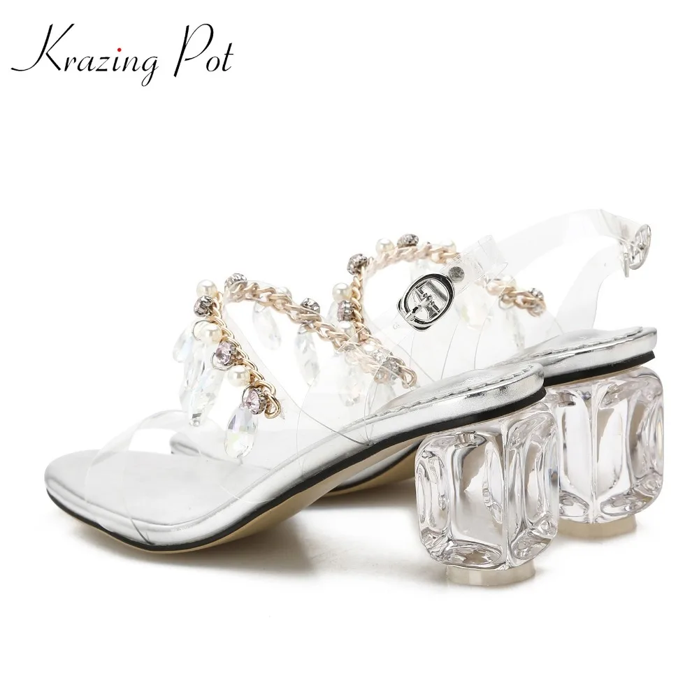 Krazing pot/Новая бриллиантами Обувь на высоком каблуке с украшением в виде кристаллов женская обувь на высоком каблуке с открытым носком Элегантные Босоножки модель на взлетно-посадочной полосы шоу вечерние пикантные свадебные туфли L56