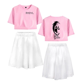 

Women's Summer Black Butler 3D Anime Printed Two Piece Pants Set Clothing Navel T-shirt Skirt Sweat Suit Set Conjuntos De Mujer