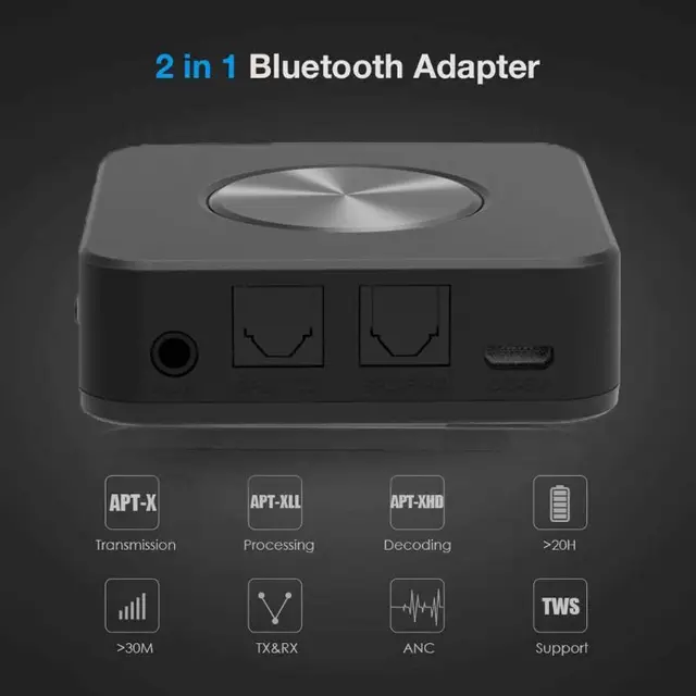 Bluetooth 5.0 Transmitter Receiver 2 in 1 Wireless APTX HD Low Latency A2DP Music Optical SPDIF Aux RCA 3.5mm Stereo Audio Adapt 4