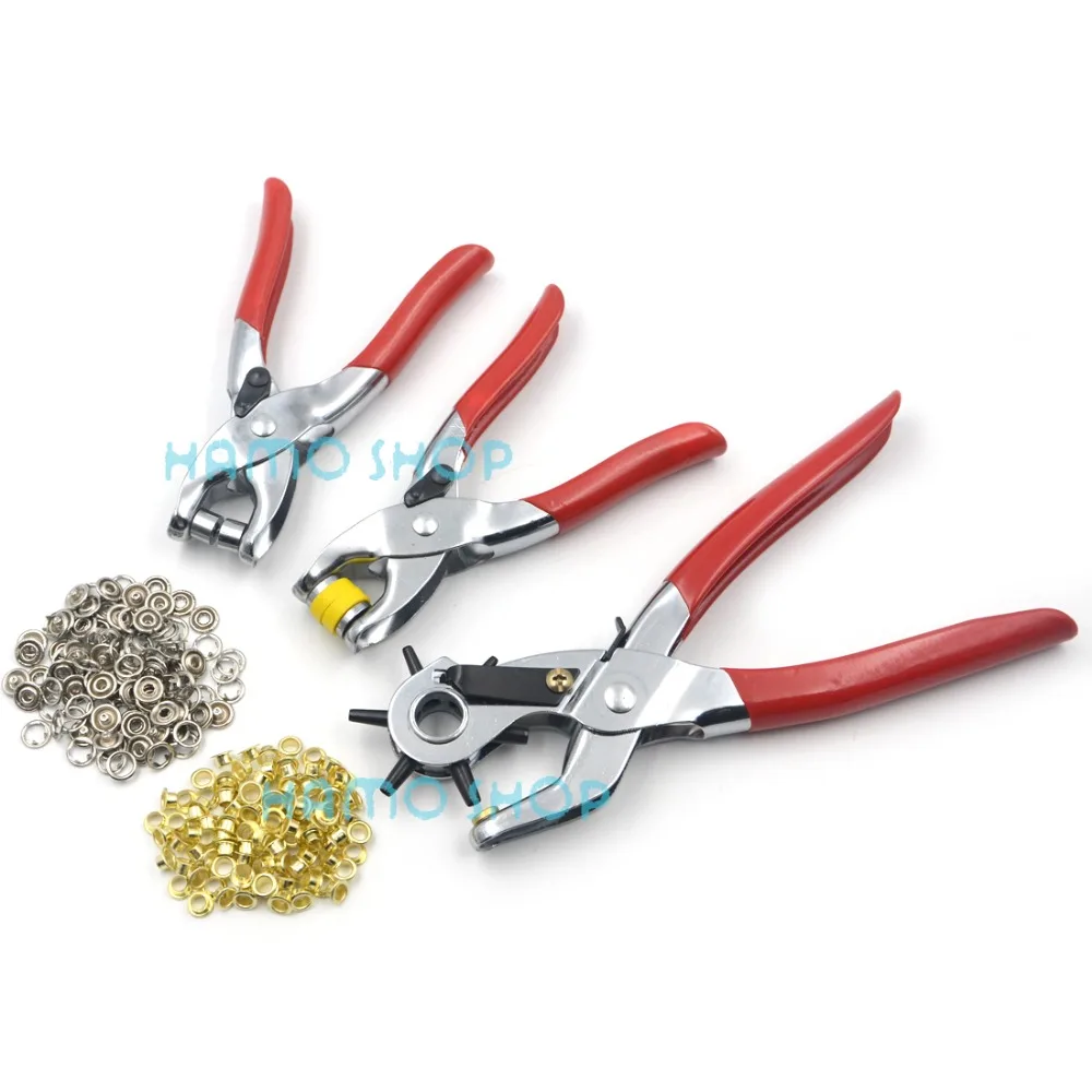 

3pcs Set Red Handle Leather Plier Punch Tool Hole Eyelets Snap Belt Setter Grommet Press