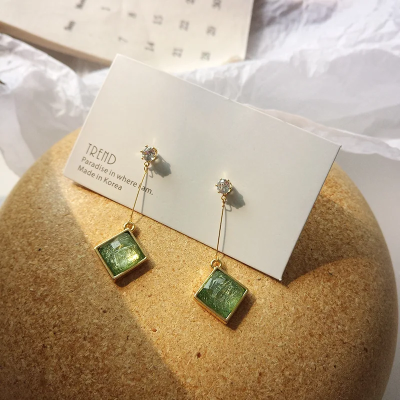 Японский Ретро Простой Элегантный квадратный стекло зеленый камень Клипсы Серьги без пирсинга для женщин леди вечерние события Bricnos