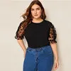 SHEIN размера плюс черный швейцарский из сетчатой ткани в горошек с длинными рукавами Однотонная футболка Для женщин летние Повседневное половина с буфами на рукавах контрастная сетчатая рубашка с круглым вырезом