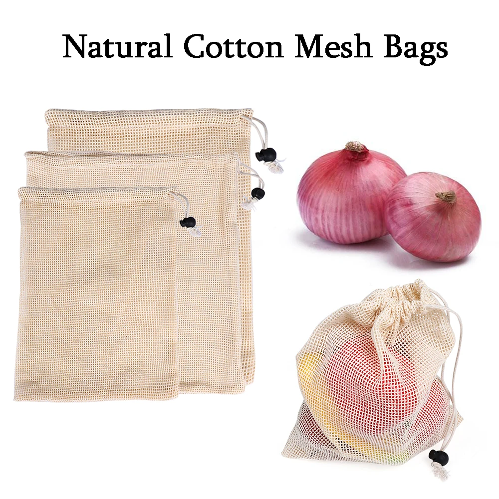 

1/3PCS Reusable Cotton Mesh Grocery Bag Home Kitchen Drawstring Washable Fruit & Vegetable Storage Mesh Pouch