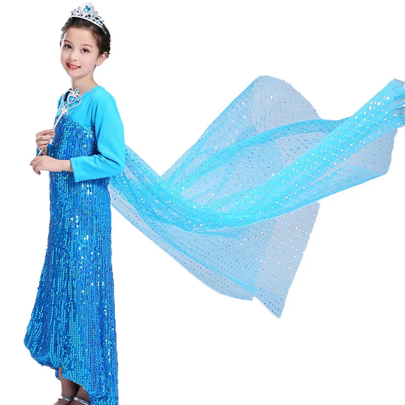 

2019 Summer New Girls Sweet Ice Snow Witch Princess Dress Children's Sequin Dots Three-piece Clothes Suit Magic Stick+Crown