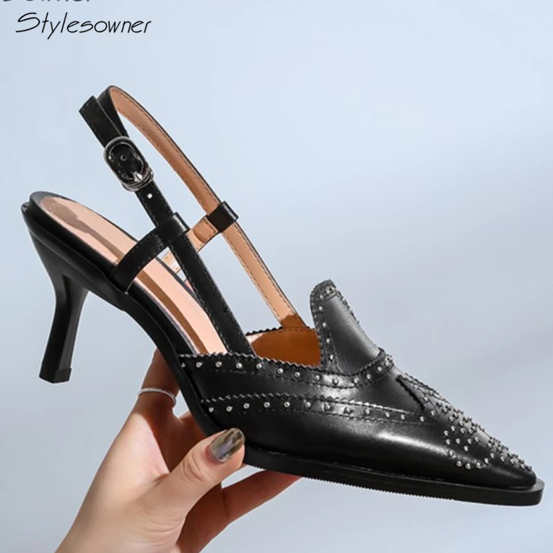 

Stylesowner Sexy Buckle Strap Genuine Leather Spring&Sumemr Pumps Pointed Closed Toe Rivets Women Party High Heels Pumps