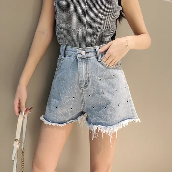 

Women High Waist Wide Leg Short Jeans With Rhinestone Denim Short Pants Summer Loose Tassel Sequined Hot Shorts Jeans For Women