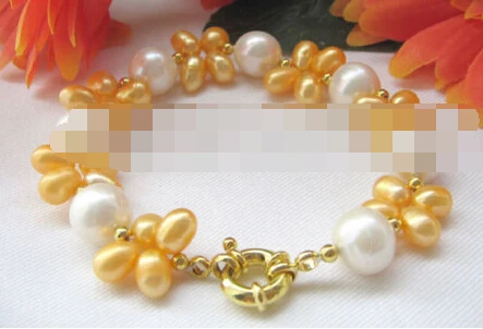 

free shipping 00954 white and golden freshwater pearl bracelet