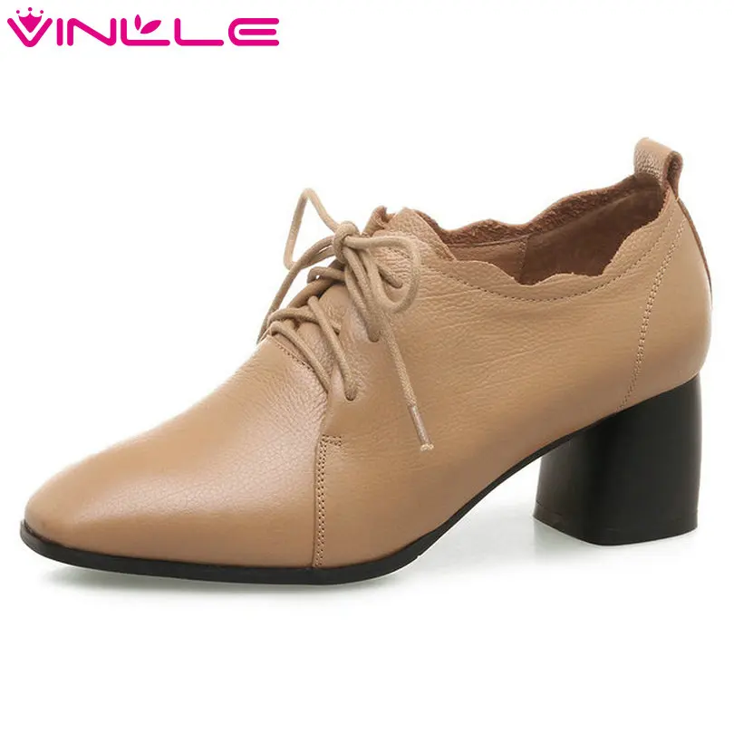 

VINLLE 2018 Western Style Women Pumps Pointed Toe Genuine Leather Lace Up Square High Heel Ladies Wedding Shoes Size 34-42