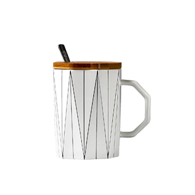 Креативная матовая Геометрическая кружка с бамбуковой крышкой, металлическая ложка, линейная керамическая чашка, кружки для микроволновки, чашка для молока, посуда для домашнего офиса, 400 мл