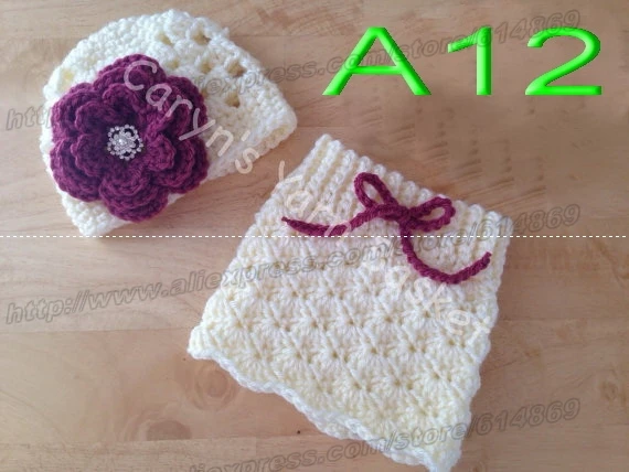 Вязаное для маленьких девочек белая шляпа фиолетовый цветок с подходящей белой юбкой для новорожденных фото реквизит NB-3M хлопок