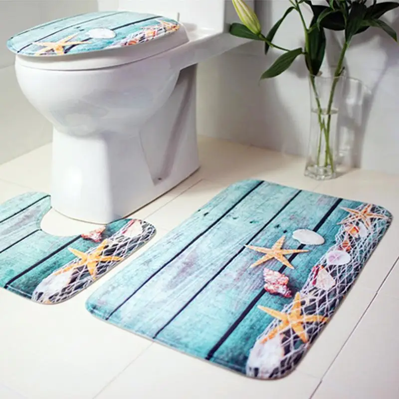 

3Pcs/set Bathroom Mat Set Toilet Rug Ocean World Flannel Anti Slip Bath Mat Rugs Home Decor Bathroom Products