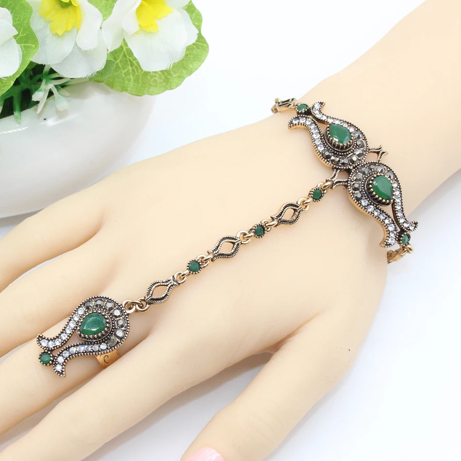 Luxuries Turkish Women Tulips Flower Bracelet Ring Set Resin Jewelry Antique Gold Color India Dance Wedding Secret bijouterie - Image 4