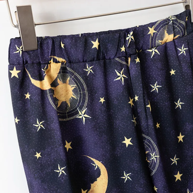 NSZ Для женщин Звезда Луна Распечатать Широкие штаны с эластичной резинкой на талии свободный крой, повседневный пляжный летние штаны Панталоны