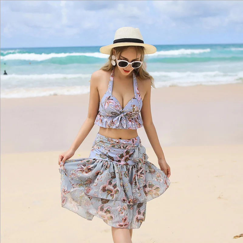 

Swim Suit Women Swimwear 2018 High Waisted Bathing Suits Priting Bikini Set 3 Piece Beachwear Bandage Bikini Beach Dress