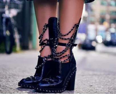 Punk Style Black Patent Leather Silver Chain Ankle Boots Ankle