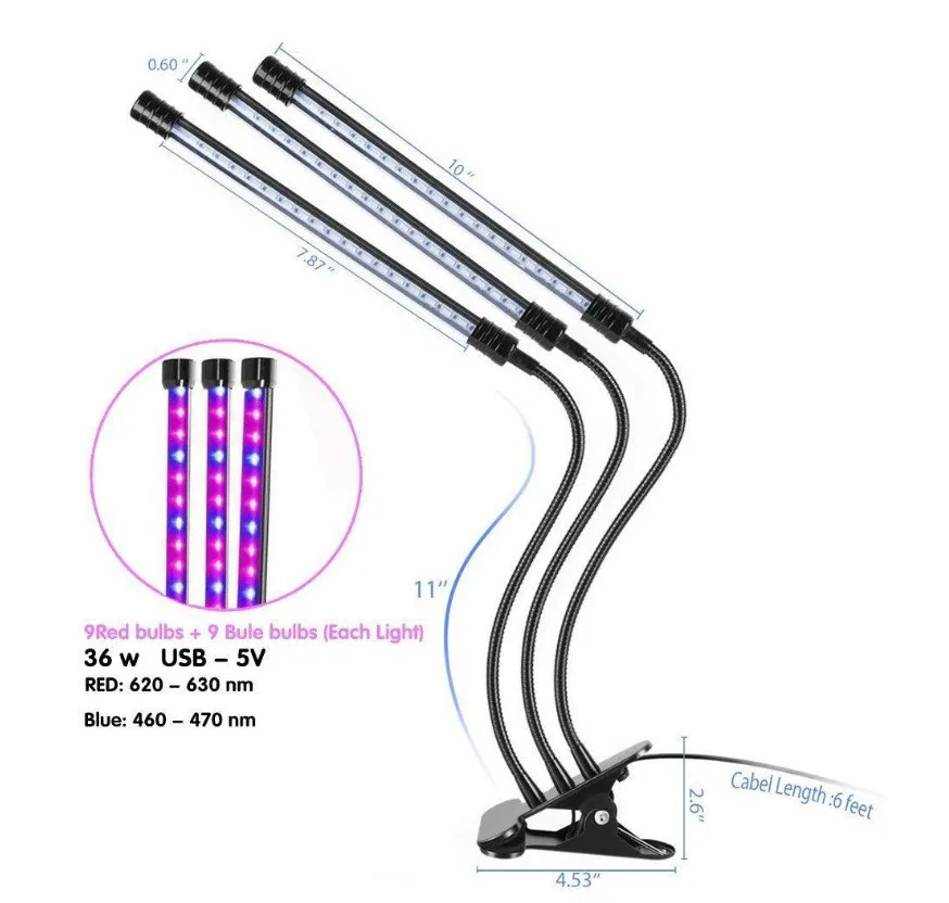 Обновленная версия 18/36 Вт лампа для растений светильник, светодиодный Лампа для выращивания растений с питанием от источника с 3/6/12H таймер, 3-головка разделить Управление регулируемые гусиная шея» Функция