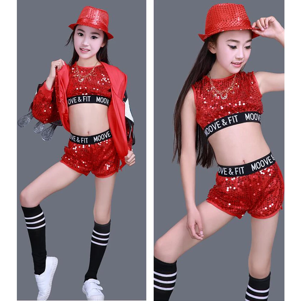 3 pieces Children Jazz Dance Costumes Girls Street Dance Sequined Party Show Clothes Modern Child hip hop Stage wear Outfits